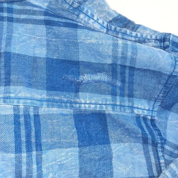American Eagle Hooded Plaid Flannel Shirt SP Blue Button Up Hoodie Top - Picture 15 of 16